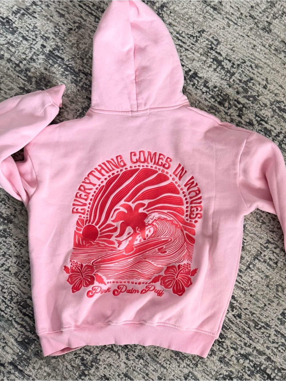 Pink Palm Pullover Hoodie with Surf Wave Graphic